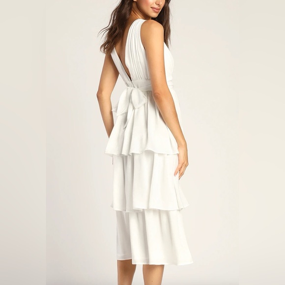 Lulus - Peak Party Vibe White Satin Tiered Tie-Back Midi Dress - Medium - Picture 2 of 3